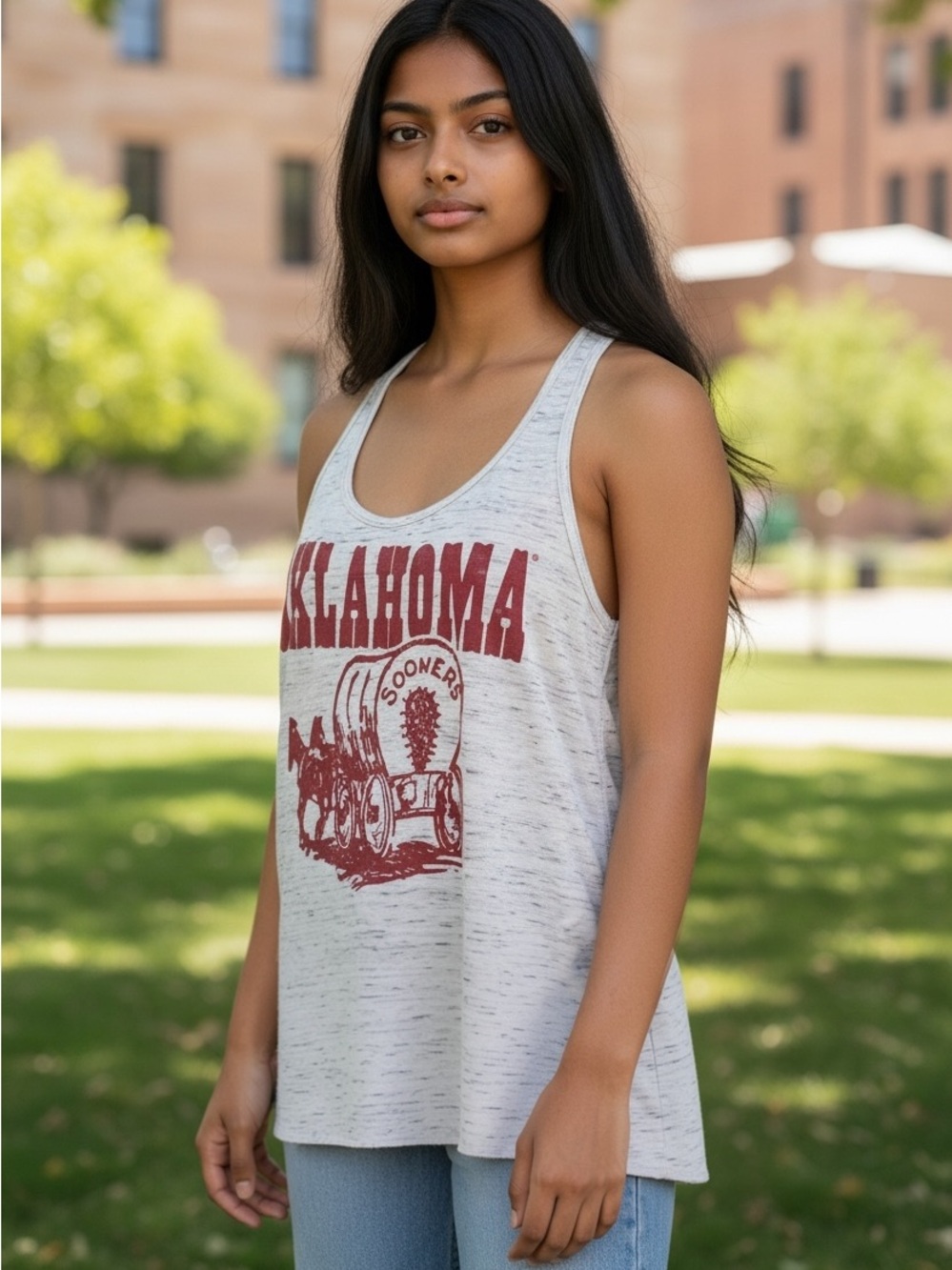 Oklahoma Graphic Racerback Tank Top - White with Crimson Print
